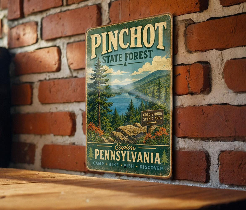 A vintage-style metal sign for Pinchot State Forest in Pennsylvania, featuring a scenic landscape with pine trees, mountains, and a lake.