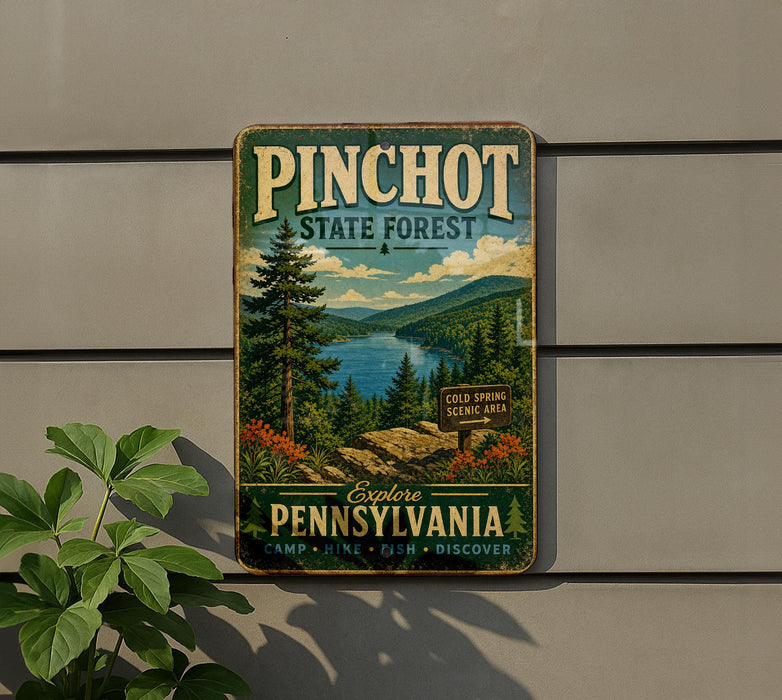 A vintage-style metal sign for Pinchot State Forest, featuring a scenic landscape with pine trees, a lake, and mountains.