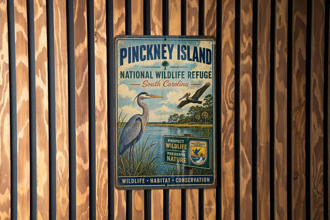 A vintage-style metal sign for the Pinckney Island National Wildlife Refuge in South Carolina, featuring an illustration of a bird and a body of water.