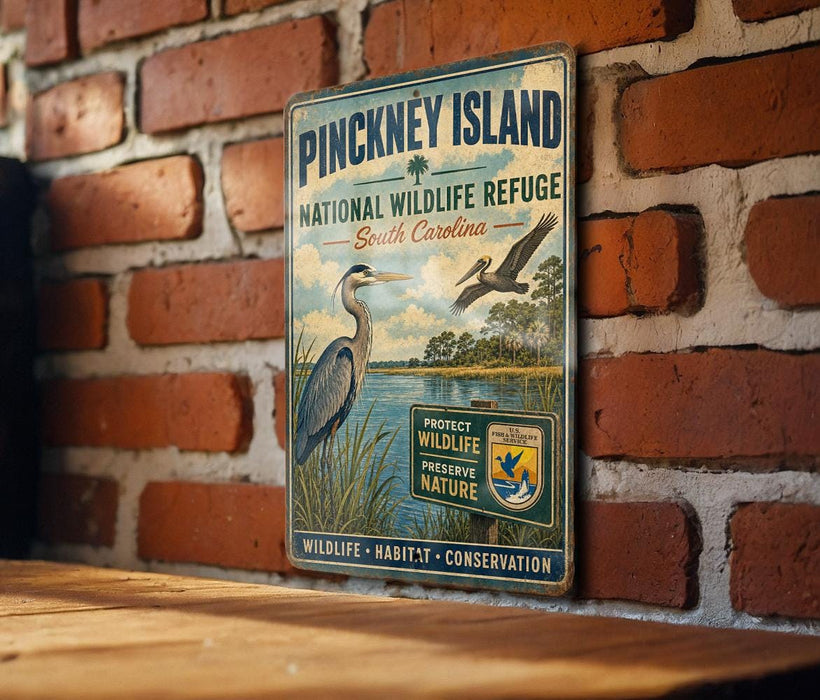 A vintage-style metal sign for Pinchney Island National Wildlife Refuge in South Carolina, featuring an illustration of a bird and a body of water.