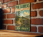 A vintage-style sign for Pine Barrens Cultural Landscape, featuring a scenic illustration of a forest and a sign indicating a unique national park preserved for future generations.