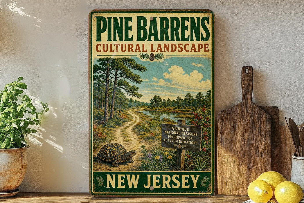 A vintage-style sign for Pine Barrens Cultural Landscape in New Jersey, featuring a scenic illustration of a forest and a winding path.