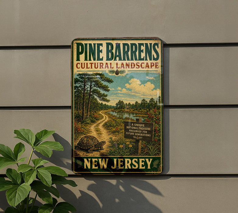 A vintage-style metal sign for Pine Barrens Cultural Landscape, featuring a scenic illustration of a forest and a winding path, mounted on a wall next to a plant.