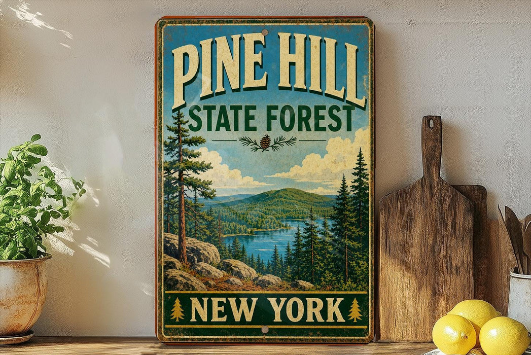 A vintage-style sign for Pine Hill State Forest in New York, featuring a scenic landscape with pine trees, mountains, and a lake.