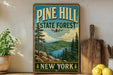 A vintage-style sign for Pine Hill State Forest in New York, featuring a scenic landscape with pine trees, mountains, and a lake.