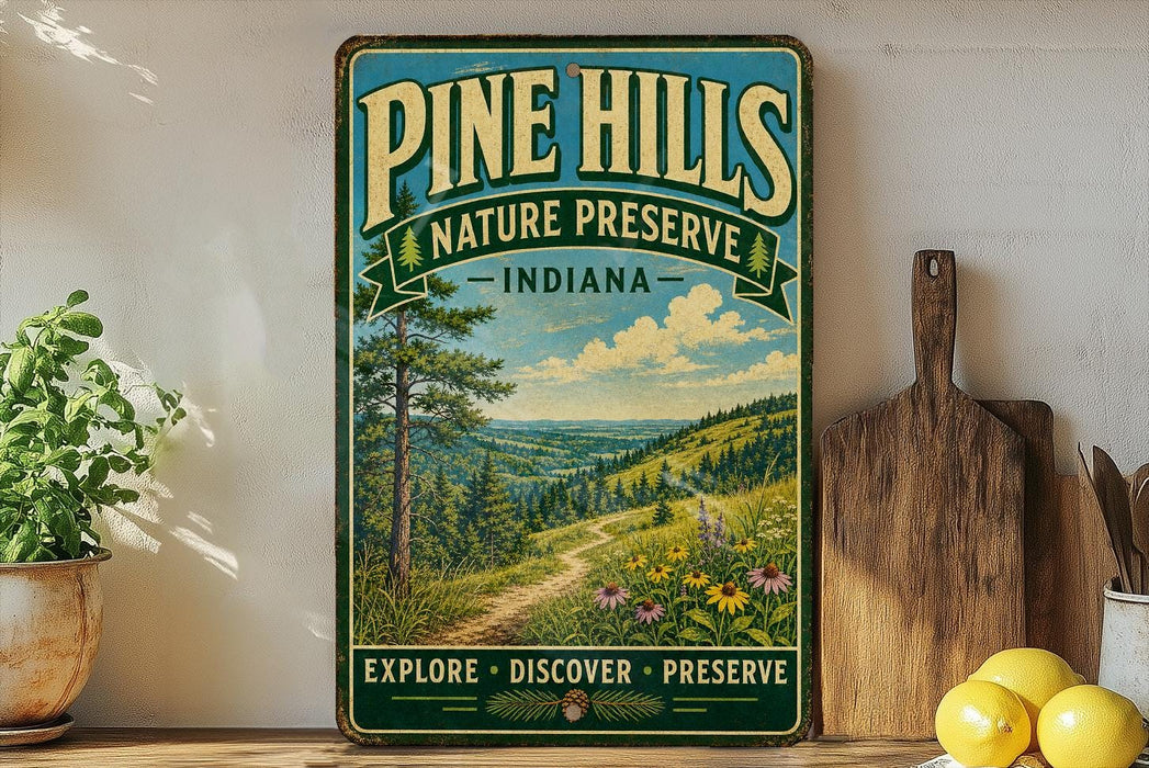 A vintage-style sign for Pine Hills Nature Preserve in Indiana, featuring a scenic landscape with a winding path and pine trees.