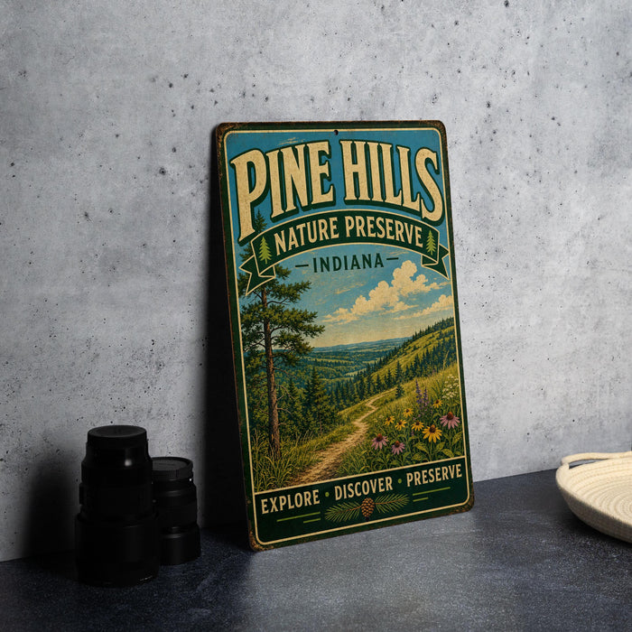 A vintage-style metal sign for Pine Hills Nature Preserve in Indiana, featuring a scenic landscape with a path and trees.