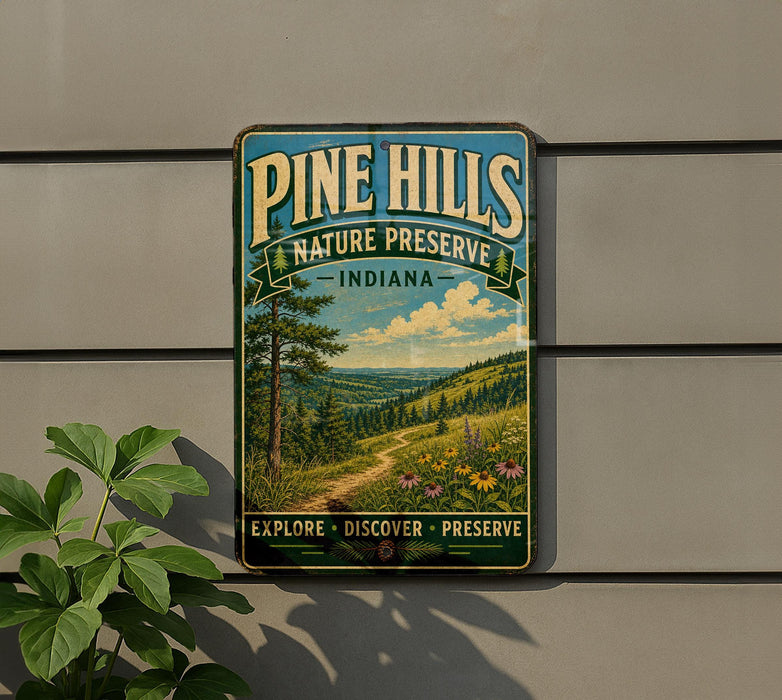 A vintage-style metal sign for Pine Hills Nature Preserve in Indiana, featuring a scenic landscape with a winding path and wildflowers.