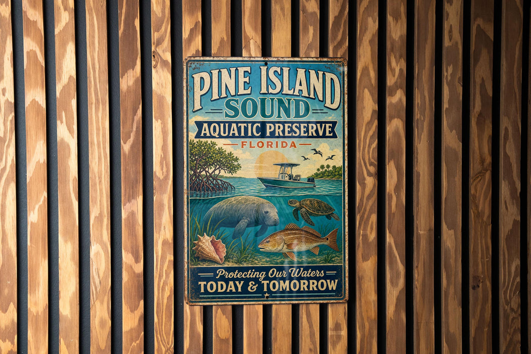 A vintage-style metal sign for Pine Island Sound Aquatic Preserve in Florida, featuring illustrations of various marine life and a boat on the water.