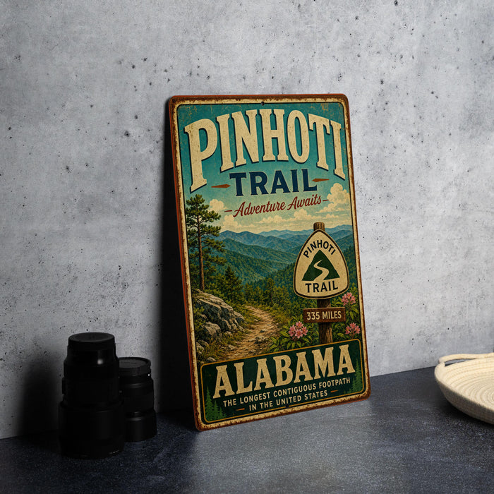 A vintage-style metal sign for the Pinedoni Trail in Alabama, featuring a scenic mountain landscape and the trail's name.