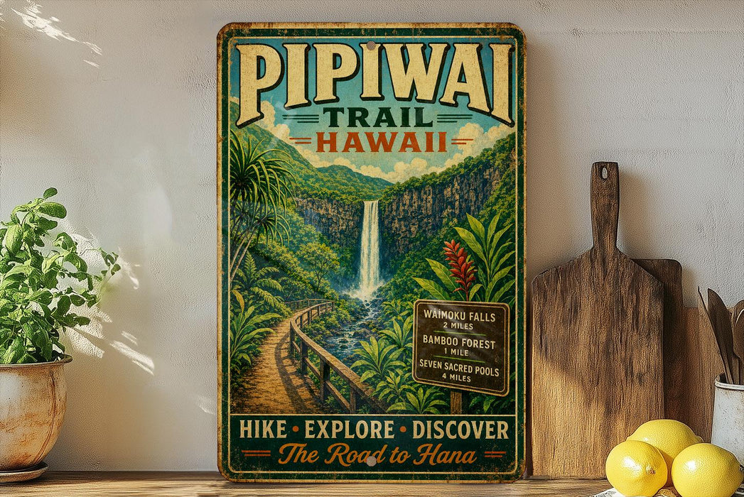A vintage-style poster advertising the "Pipiai Trail" in Hawaii, featuring a scenic waterfall surrounded by lush tropical foliage.