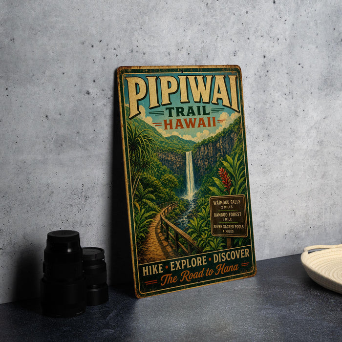 A vintage-style metal sign for the Pipiwai Trail in Hawaii, featuring a waterfall and lush tropical scenery.