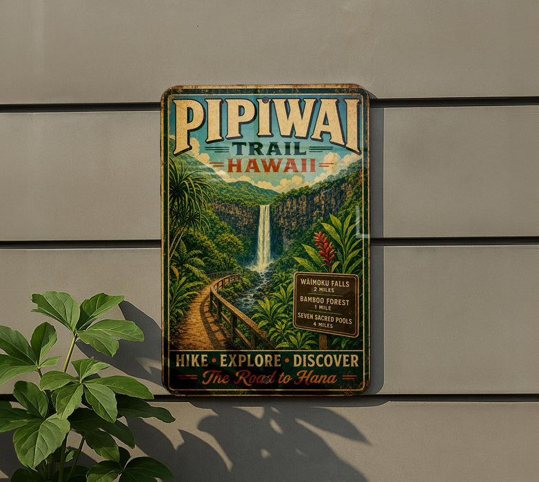 A vintage-style metal sign for the Pipiwai Trail in Hawaii, featuring a waterfall and lush greenery.