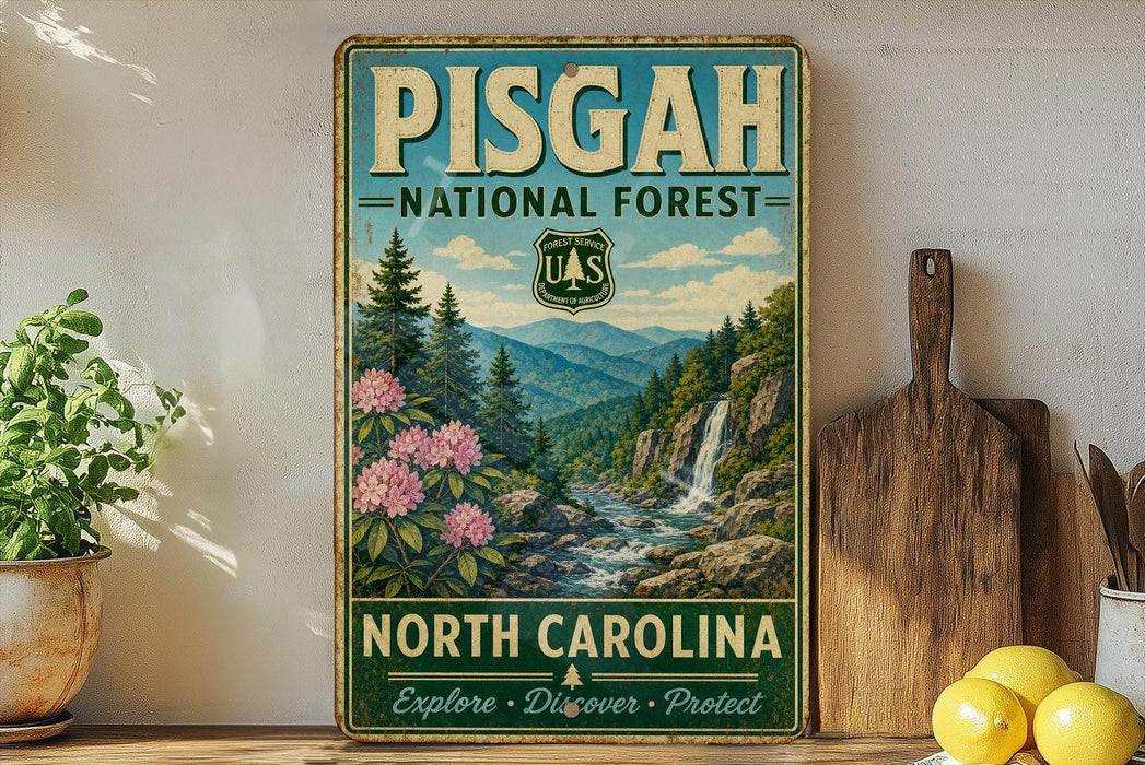 A vintage-style sign for Pisgah National Forest in North Carolina, featuring a scenic mountain landscape with a waterfall.
