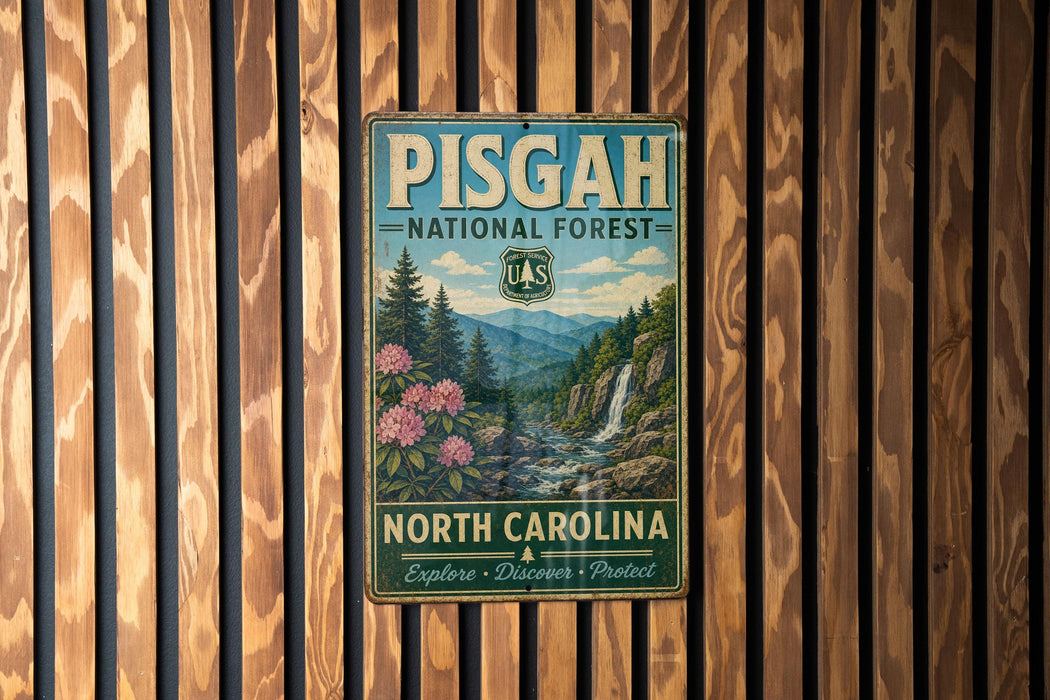 A vintage metal sign for Pisgah National Forest in North Carolina, featuring a scenic mountain landscape with a waterfall.