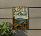 A vintage-style metal sign for Pisgah State Forest in New Hampshire, featuring a scenic landscape with mountains, trees, and a lake.