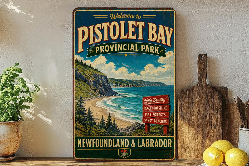 a vintage-style sign for Pistolet Bay Provincial Park, with a scenic coastal landscape and a wooden paddleboard.
