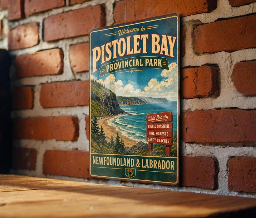 A vintage metal sign welcoming visitors to Pistole Bay Provincial Park, New Brunswick and Labrador, featuring a scenic coastal landscape with a beach, mountains, and a body of water.