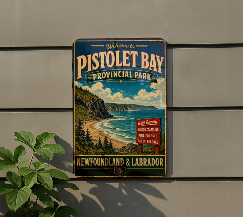 A vintage-style metal sign for Pistolet Bay Provincial Park, featuring a scenic coastal landscape with a beach, mountains, and a body of water.