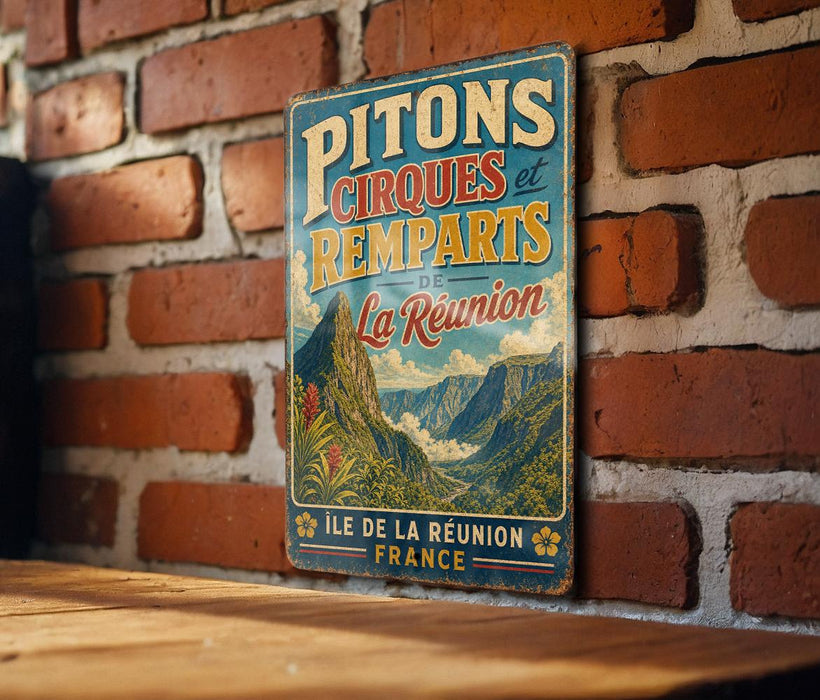 A vintage-style sign for Pitons Cirques et Remparis in France, featuring a mountain landscape and text indicating the location.