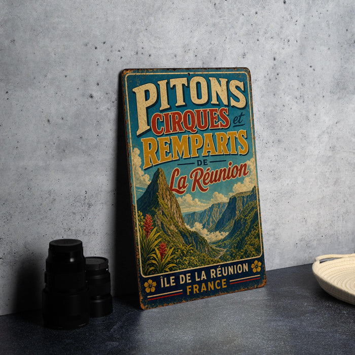 A vintage metal sign advertising Pitons Cirques and Remparts in France, featuring a mountainous landscape and text.