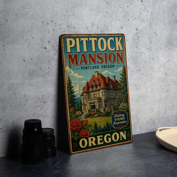 A vintage-style metal sign for Pitock Mansion in Portland, Oregon, featuring an illustration of the mansion and the text "Pittock Mansion" and "Oregon".