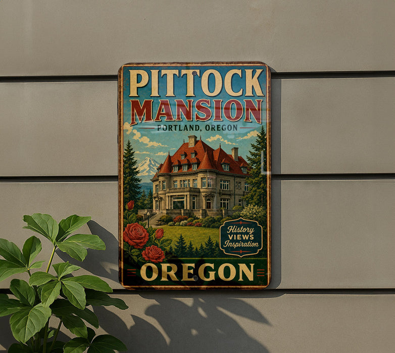 A vintage-style metal sign for Pitock Mansion in Portland, Oregon, featuring a large illustration of the mansion surrounded by trees and mountains.