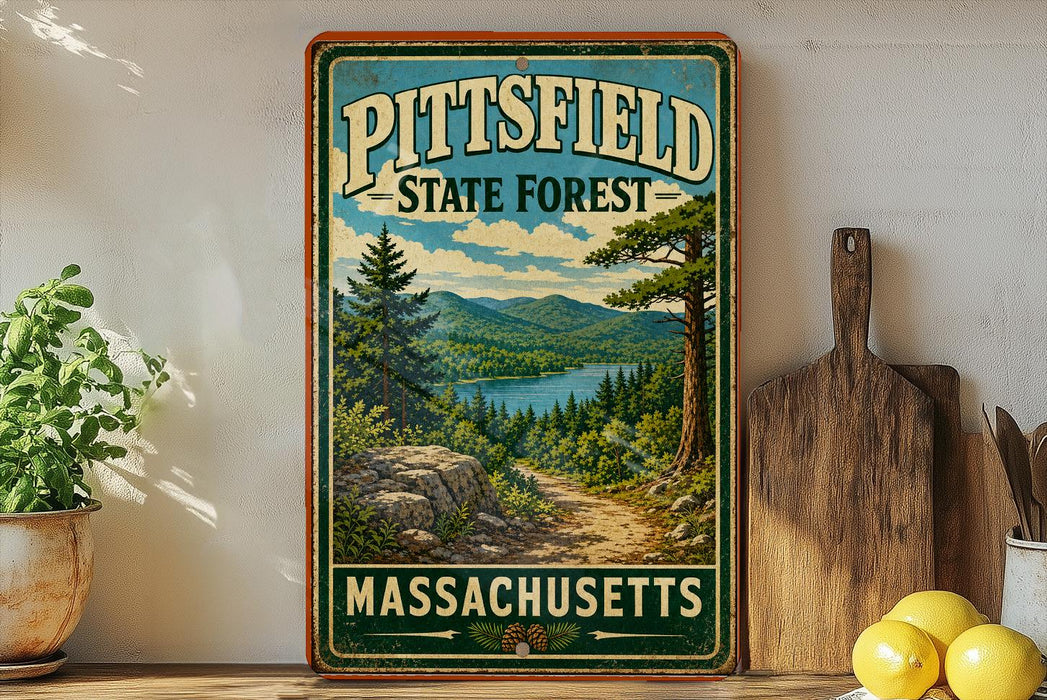 A vintage-style metal sign for the Pittsfield State Forest in Massachusetts, featuring a scenic landscape with pine trees, a lake, and mountains.