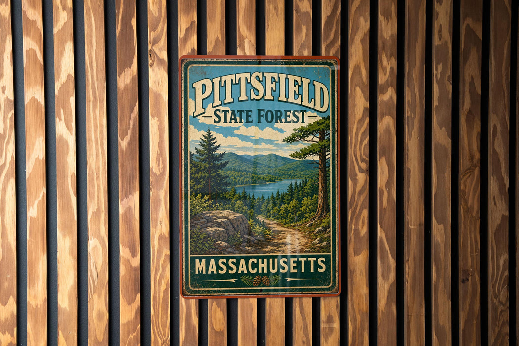 A vintage metal sign for the Pitsfield State Forest in Massachusetts, featuring a scenic landscape with pine trees, a lake, and mountains.