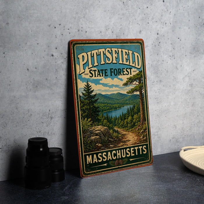 A vintage-style sign for the Pitfield State Forest in Massachusetts, featuring a scenic landscape with pine trees, a lake, and mountains.