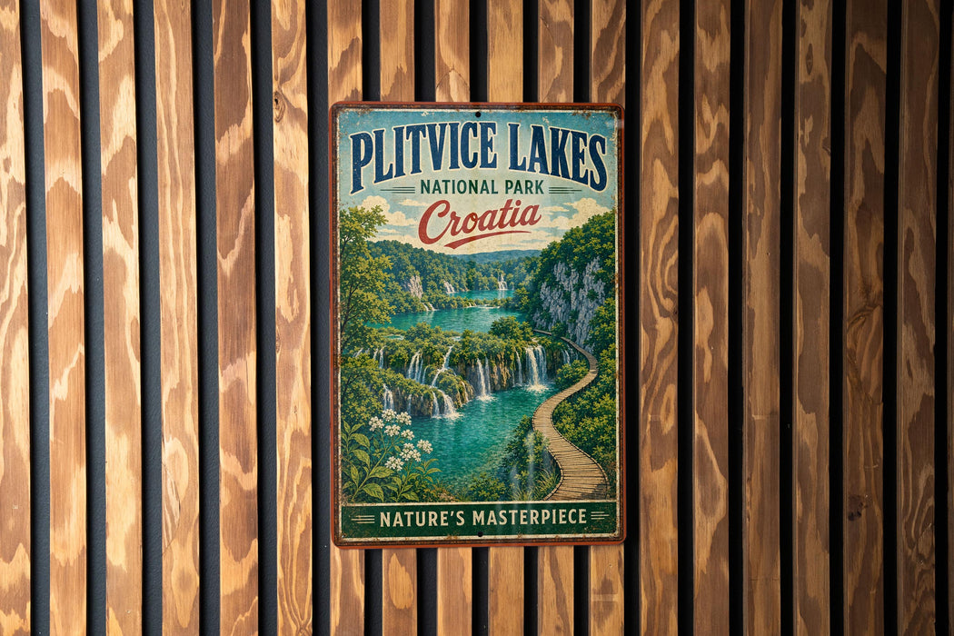 A vintage metal sign for Plitvice Lakes National Park in Croatia, featuring a scenic landscape with waterfalls and lush greenery.
