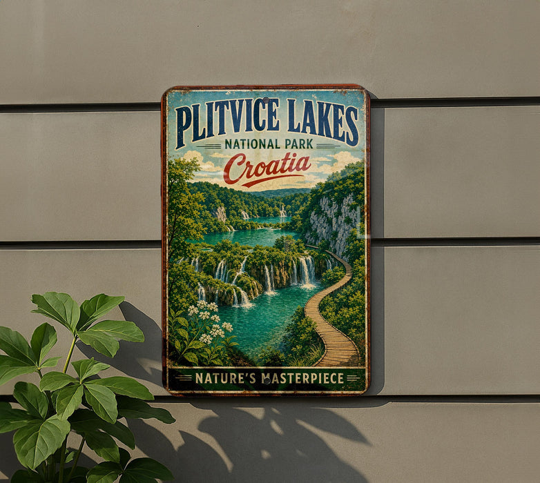 A vintage-style sign for Plitvice Lakes National Park in Croatia, featuring a scenic landscape with waterfalls and lush greenery.