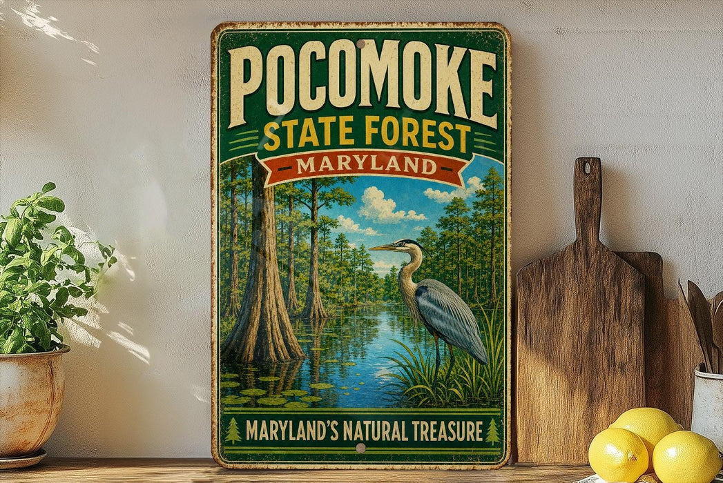 a vintage-style sign for the Pocomoke State Forest in Maryland, with a painting of a heron in the foreground. The sign also includes the text "Maryland's Natural Treasure".