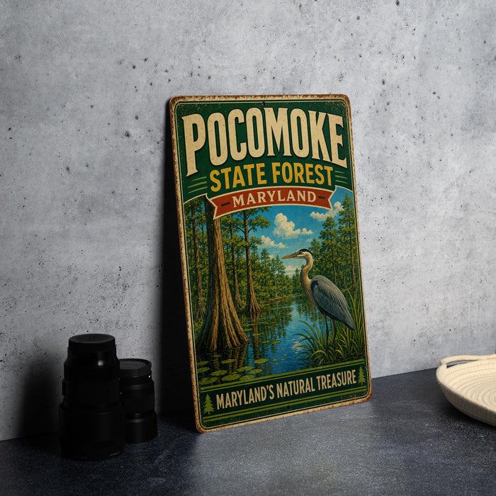 A vintage-style sign for the Pocomoke State Forest in Maryland, featuring an illustration of a bird standing in a pond surrounded by trees.
