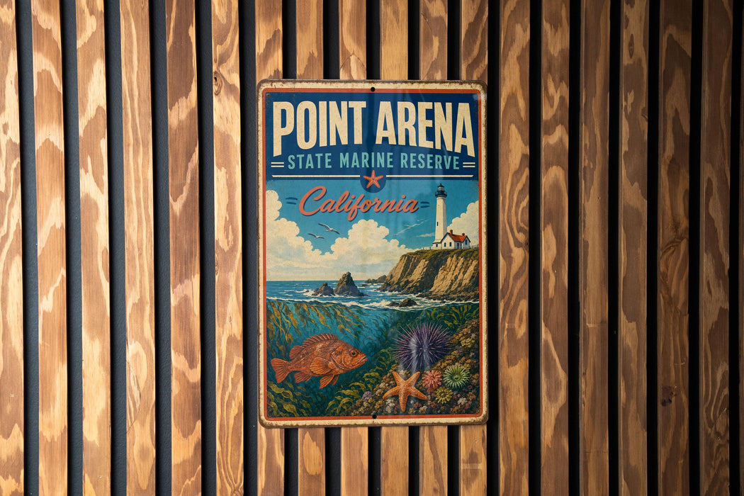 A vintage metal sign for Point Arena, a state marine reserve in California, featuring a lighthouse and ocean scenery.