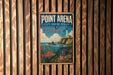 A vintage metal sign for Point Arena, a state marine reserve in California, featuring a lighthouse and ocean scenery.