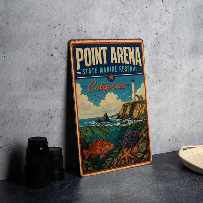 A vintage metal sign for Point Arena, a State Marine Reserve in California, featuring a lighthouse and ocean scenery.