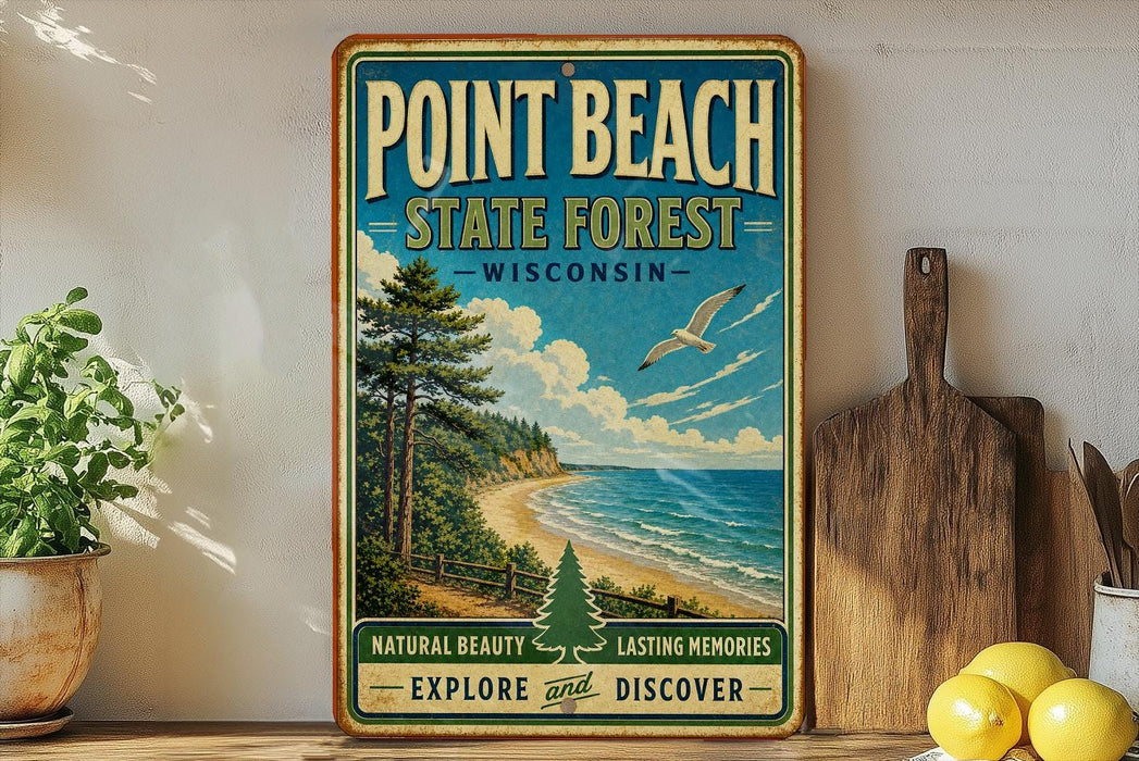 a vintage-style sign for Point Beach State Forest in Wisconsin, with a scenic illustration of a beach and pine trees. The sign is displayed on a shelf next to a wooden cutting board and a potted plant, creating a rustic and nature-inspired setting.