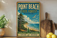 a vintage-style sign for Point Beach State Forest in Wisconsin, with a scenic illustration of a beach and pine trees. The sign is displayed on a shelf next to a wooden cutting board and a potted plant, creating a rustic and nature-inspired setting.