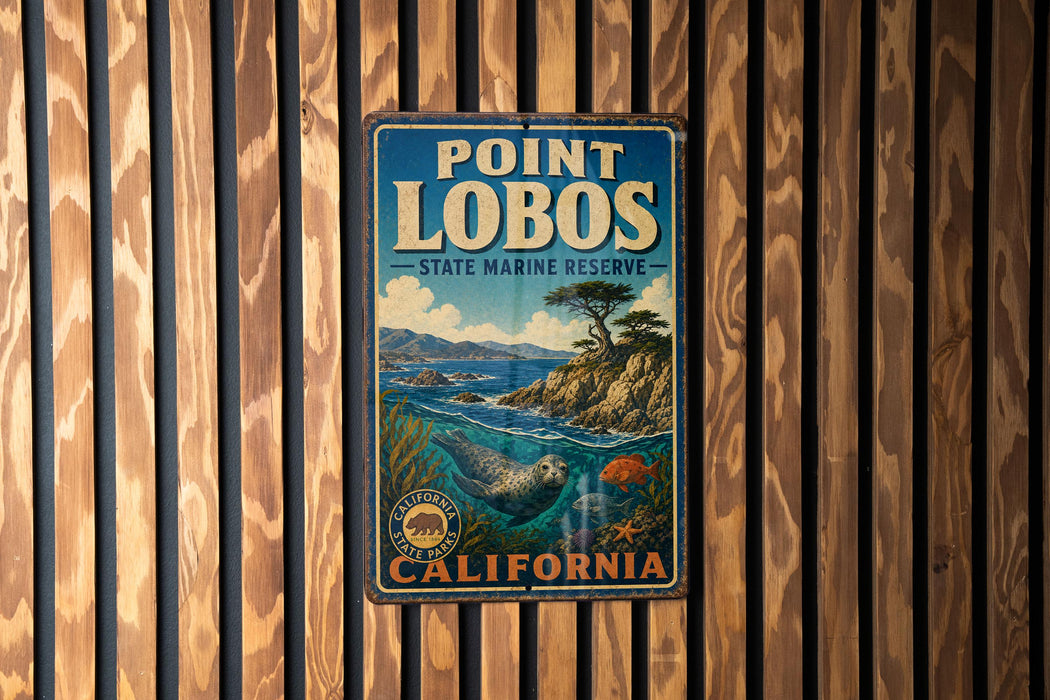 A vintage metal sign for Point Lobos State Marine Reserve in California, featuring an illustration of a rocky coastline, a tree, and marine life.
