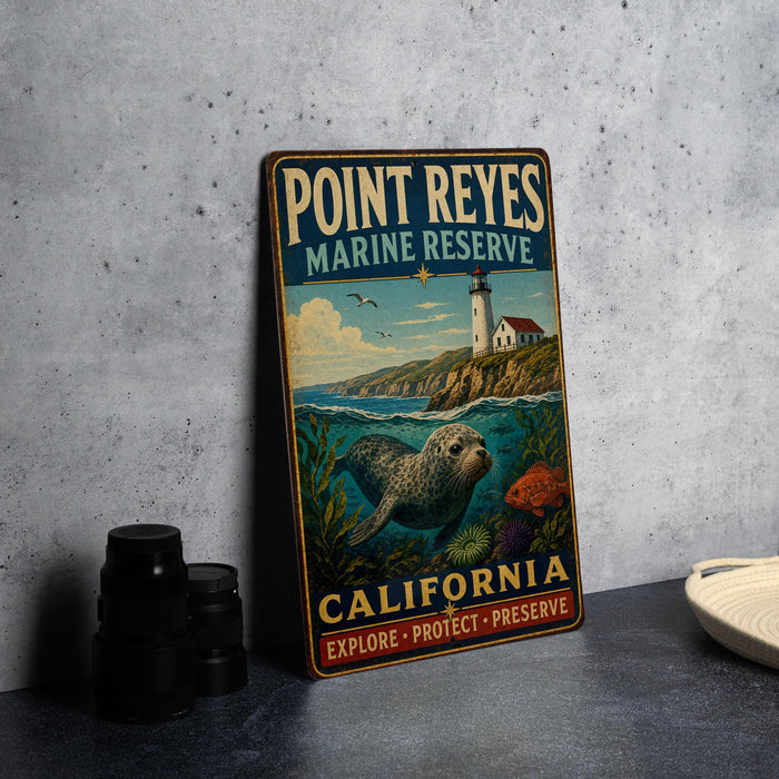 A vintage-style metal sign for Point Reyes Marine Reserve, featuring an illustration of a seal swimming in the ocean with a lighthouse in the background.