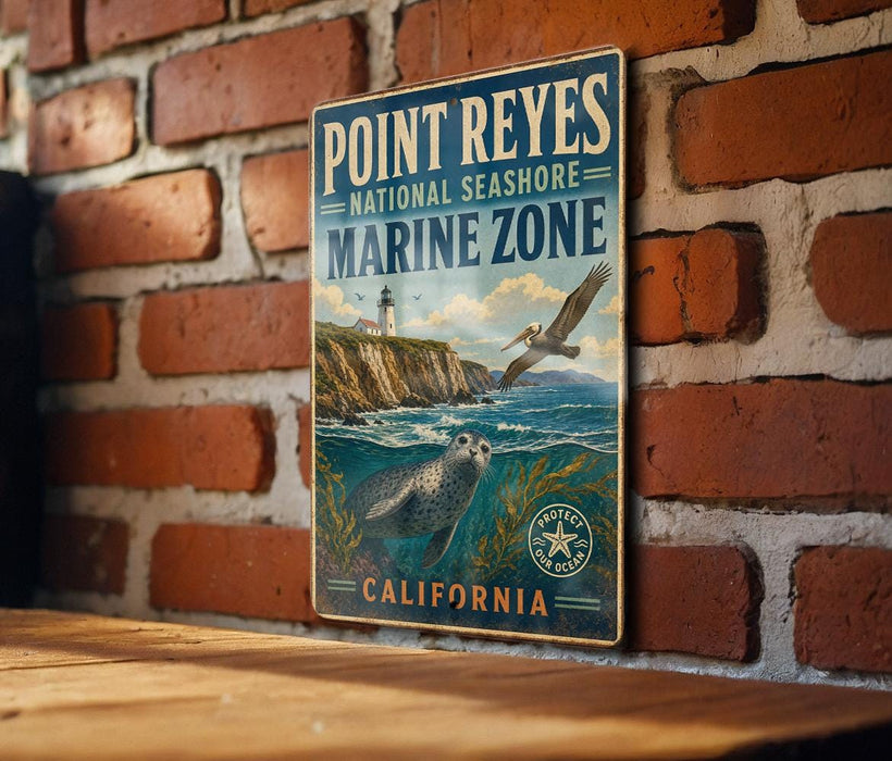 A vintage-style metal sign for Point Reyes National Seashore Marine Zone in California, featuring a lighthouse, seal, and ocean scene.