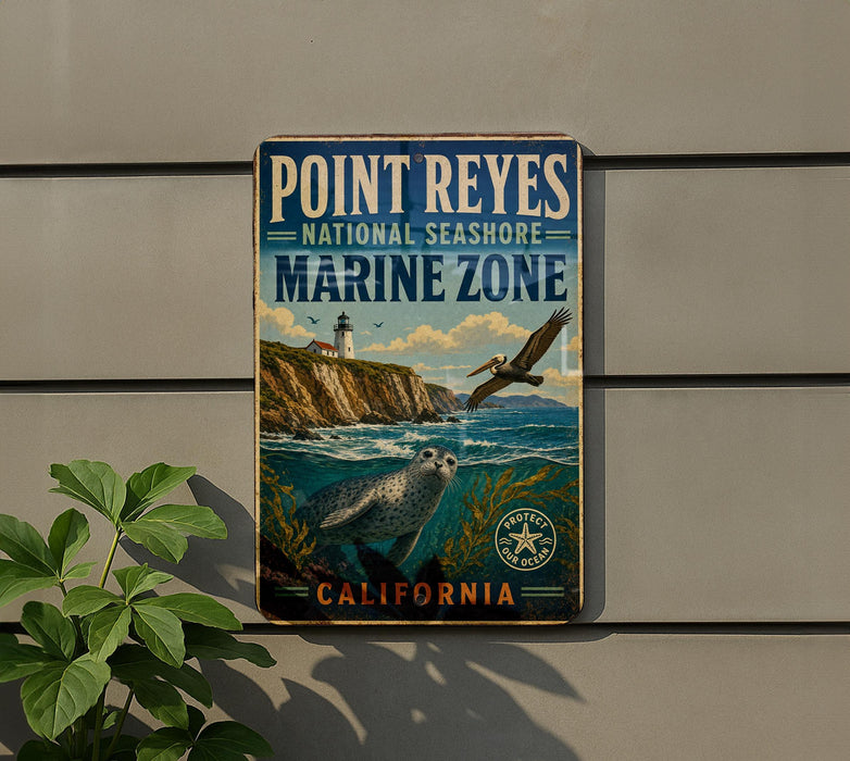 A vintage-style sign for Point Reyes National Seashore Marine Zone, featuring a lighthouse, seabirds, and a coastal landscape.