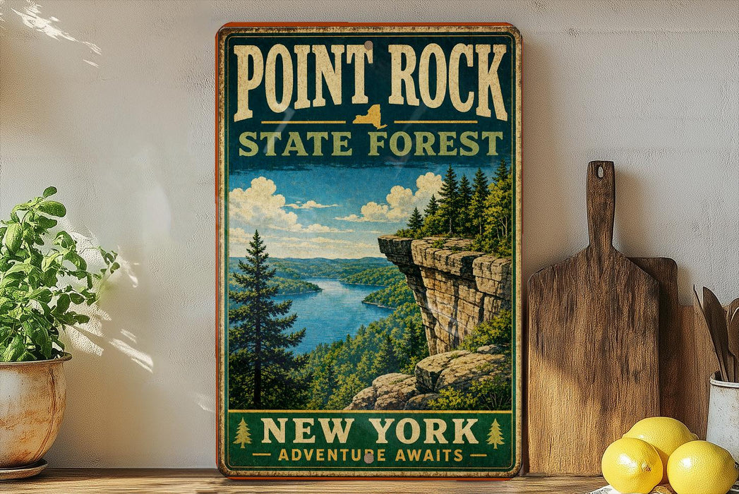 A vintage-style sign for Point Rock State Forest in New York, featuring a scenic landscape with a river, cliffs, and pine trees.
