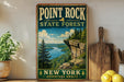 A vintage-style sign for Point Rock State Forest in New York, featuring a scenic landscape with a river, cliffs, and pine trees.