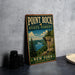A vintage-style metal sign for Point Rock State Forest, featuring a scenic landscape with a cliff overlooking a lake and pine trees.