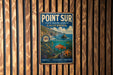 A vintage metal sign for Point Sur State Marine Reserve, California, featuring an illustration of a rocky coastline, ocean, and marine life.
