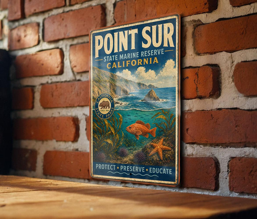 A vintage-style metal sign for Point Sur State Marine Reserve, California, featuring an illustration of a coastal landscape with a fish, a starfish, and a palm tree.
