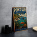 A vintage-style sign for Point Sur State Marine Reserve, California, featuring an illustration of a coastal landscape with a fish, seashells, and other marine life.