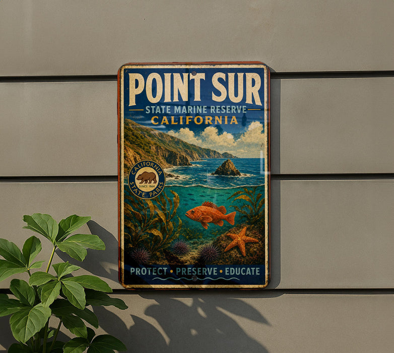 A vintage-style metal sign for the Point Sur State Marine Reserve in California, featuring a scenic ocean landscape with a fish, a rock formation, and a plant.